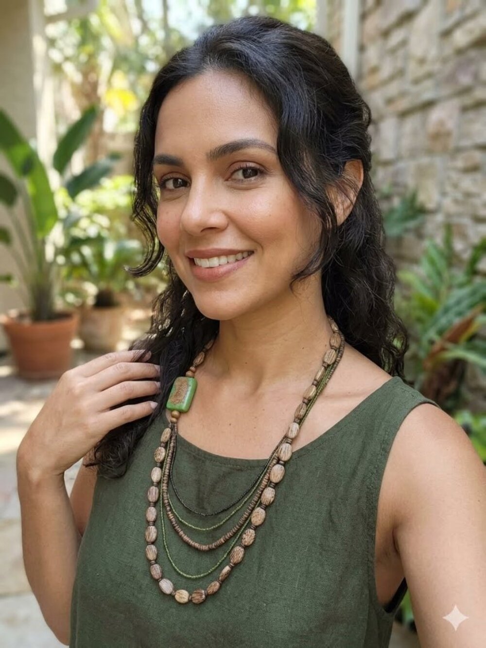Vintage-Style Bohemian Multi-Strand Necklace with Green Stone Pendant